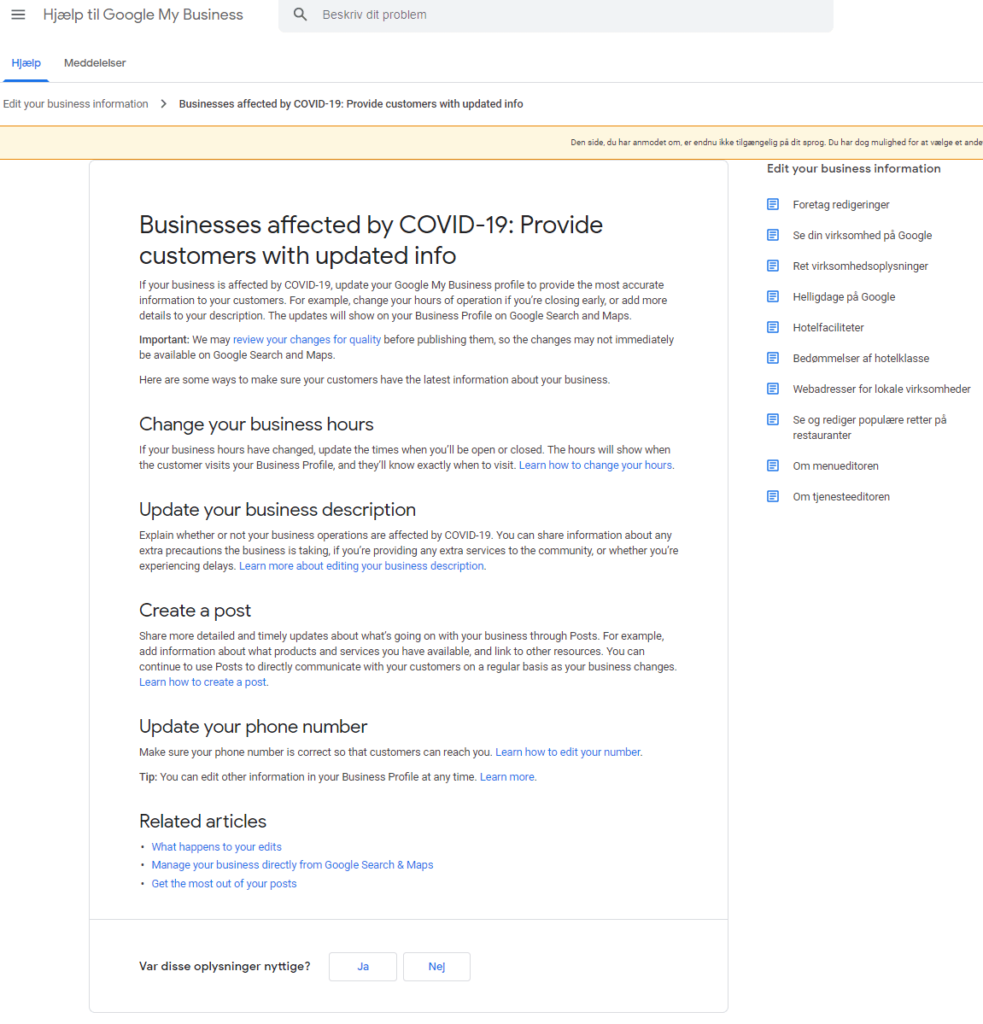 Google My Business - Opdater Profil Hjælpedokument